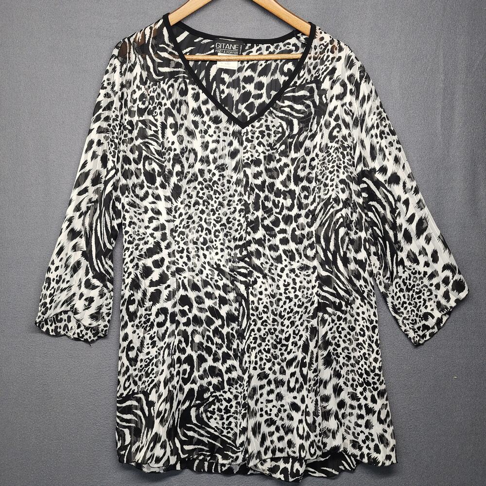 Vintage Gitane Top Women XL Black White Semi Sheer Animal Print Made in Canada